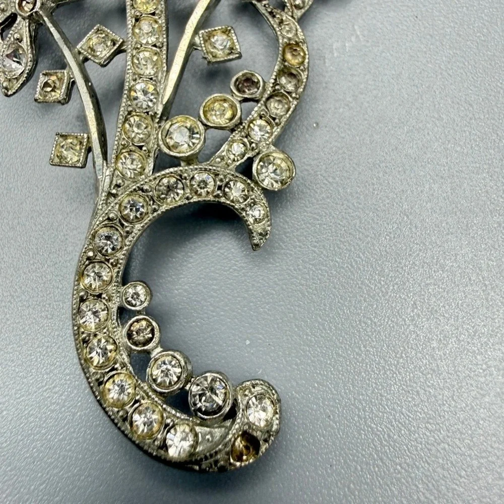 Vintage Pot Metal Floral Rhinestone Brooch c. 1940s Silver Tone Extra Large